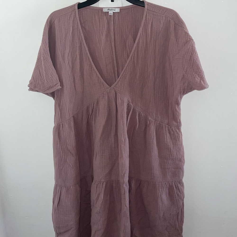 Madewell women’s dress size LargeMauve Tiered Gauze V-Neck Tunic Dress 100%Cotto